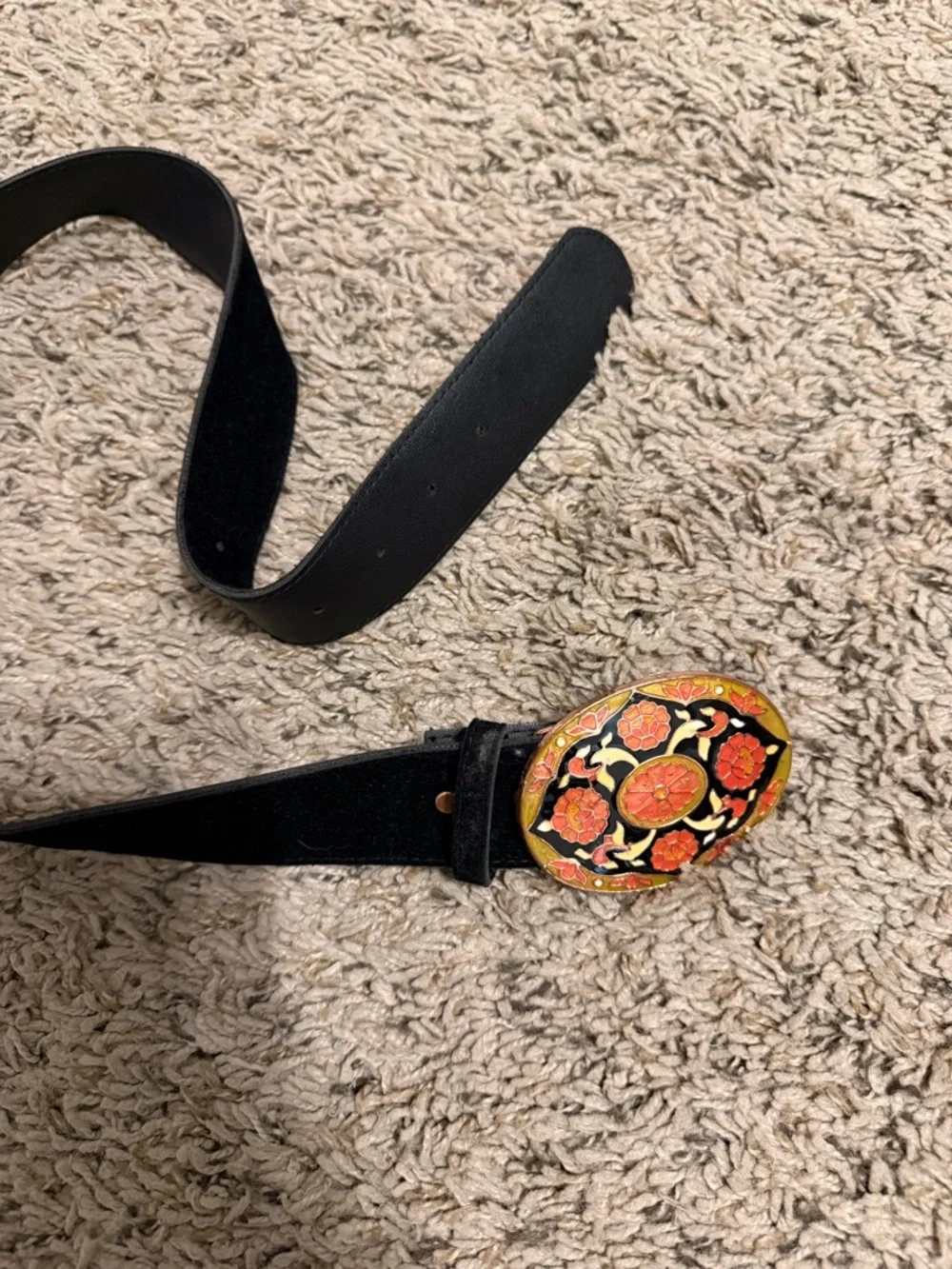 Black Velvet Women's Belt with Decorative Floral Oval Buckle